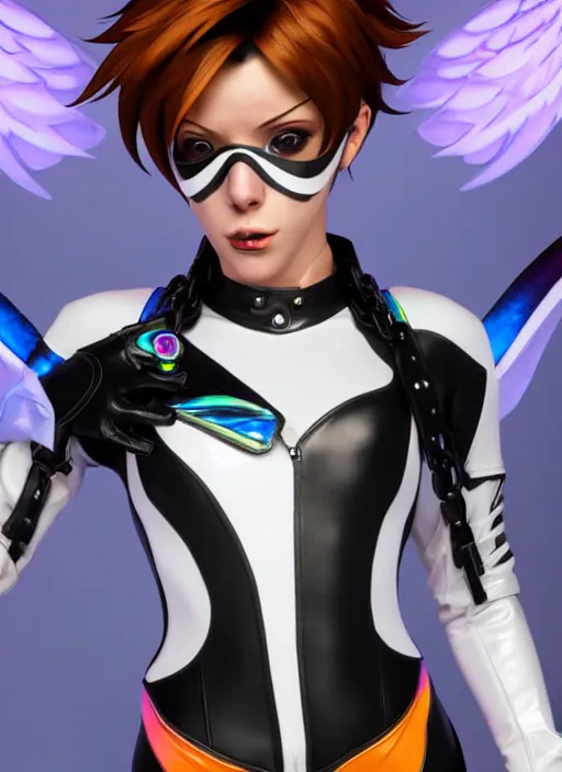 Image similar to portrait bust digital artwork of tracer overwatch, wearing white iridescent rainbow latex and leather straps catsuit outfit, 4 k, expressive happy smug expression, makeup, in style of mark arian, angel wings, wearing detailed black leather collar, chains, black leather harness, detailed face and eyes,