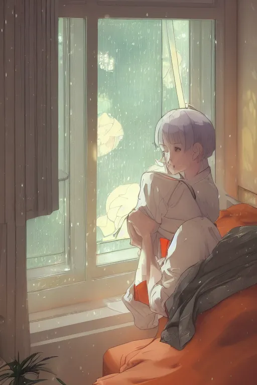 Image similar to a teenage girl with white short hair in a jk uniform outfit in the bedroom reading a book in a night, raining outside the window, grey and orange theme, by krenz cushart and mucha and akihito yoshida and greg rutkowski and makoto shinkai, 4 k resolution