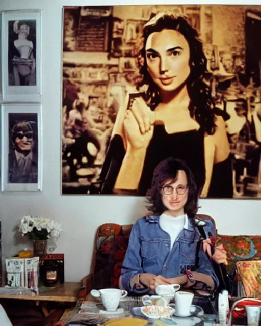 Image similar to gal gadot having tea with john lennon at his nyc apartment, on the apartment wall is a huge oil painting of buddy holly