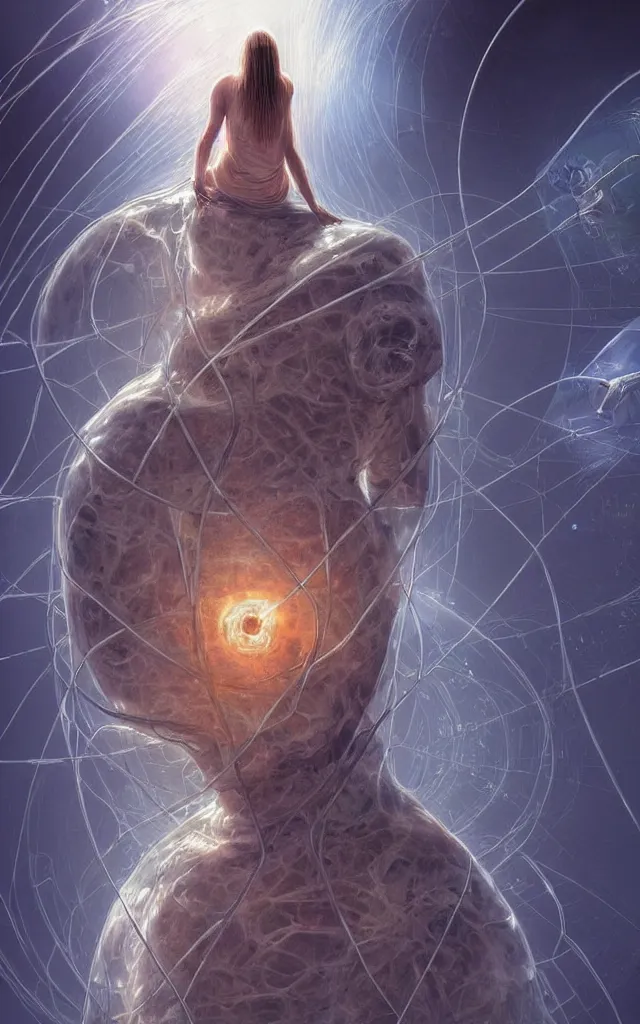 Image similar to human wrapped in a neural cyber cocoon plugged spirit machine, perfect future, award winning scifi art