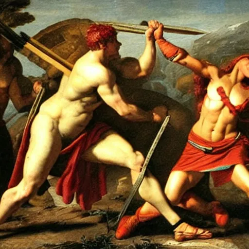 Image similar to muscular warrior women, spartan warrior women, women fighting men, muscular men, roman warrior men, clashing in bloody field, art by jacques - louis david