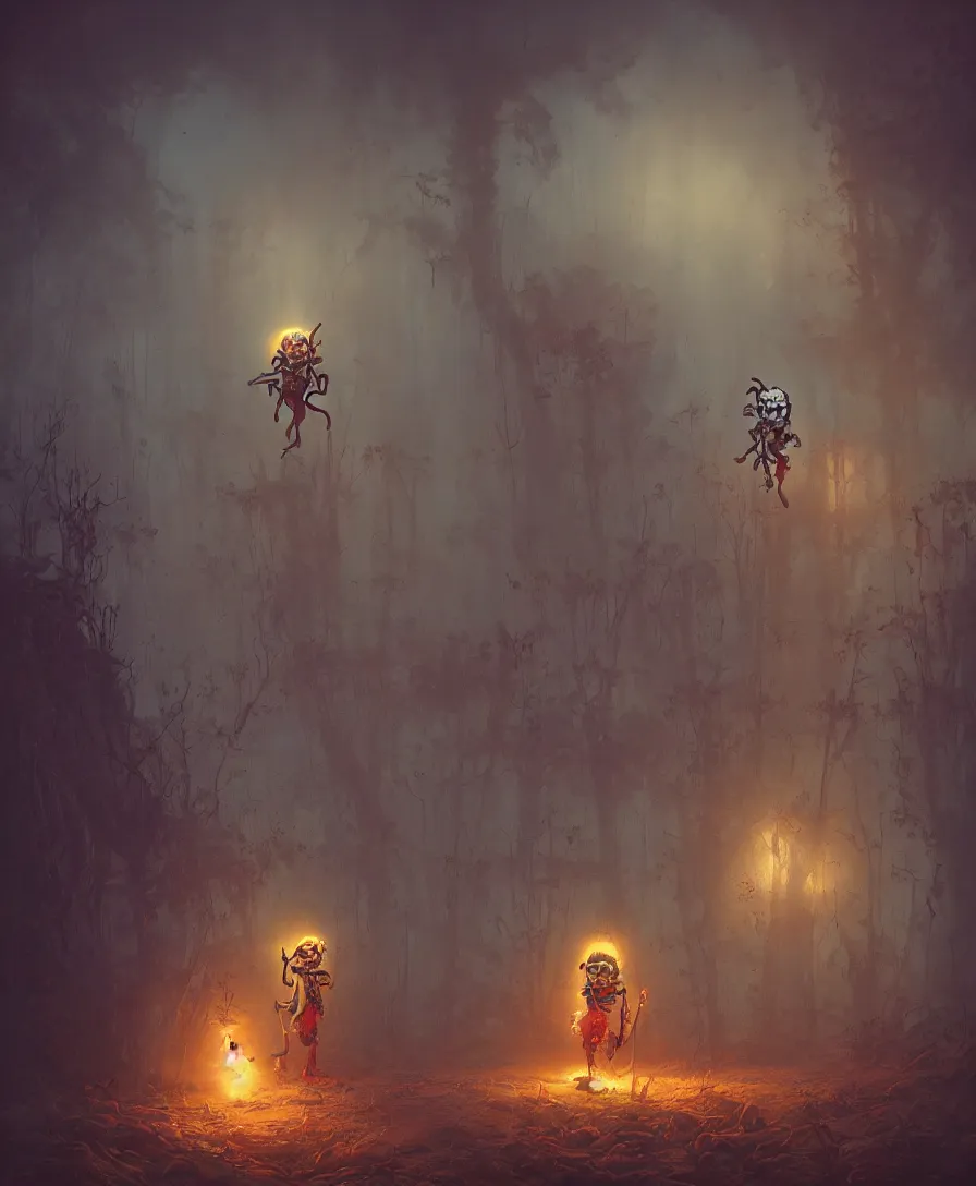 Prompt: skull clown, afterlife, illustrated by Simon Stålenhag and Gaston Bussiere, 35mm lens, beautiful volumetric lighting style atmosphere, intricate, ultra detailed, photorealistic, trending on artstation 8k