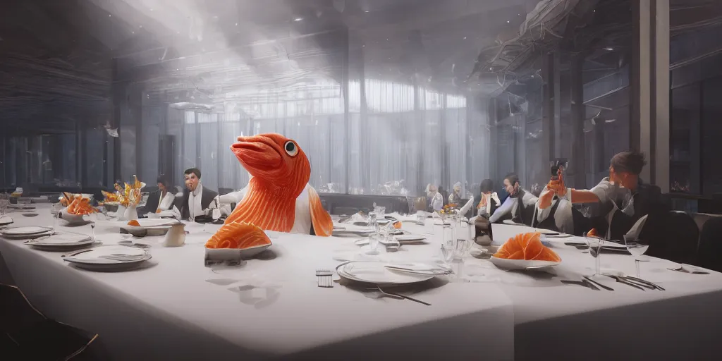 Prompt: Fish in suit sitting at white delicate sumptuous table eating salmon sashimi with huge floor to ceiling windows behind, selfie, dramatic lighting, volumetric lighting, photorealistic, cinematic lighting, high detail, cinematic feel, high octane, 4K, Unreal Engine, digital render, intricate, ultra realistic, concept art