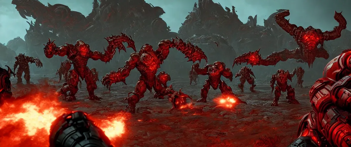 Image similar to doom slayer defeating hordes of demons and creatures on Urdak, wide shot, high detail, photorealistic, “doom eternal”, unreal engine