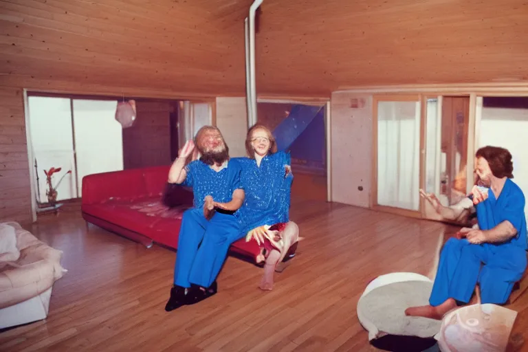 Image similar to first-person perspective view of two happy senior people wearing discowear having a dance party inside of a 1970s luxury a-frame cabin with a soviet computer console on the wall, large windows, an exterior of an evening ocean beach, ektachrome photograph, f8 aperture