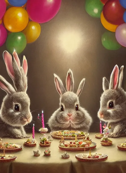 Prompt: highly detailed group closeup portrait of cute bunnies having a birthday party banquet in a castle, unreal engine, nicoletta ceccoli, mark ryden, earl norem, lostfish, global illumination, god rays, detailed and intricate environment