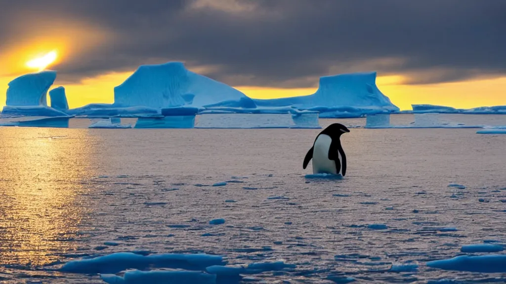 Image similar to photo of the most beautiful panoramic landscape, where a giant iceberg is lost in middle of the artic ocean, a giant penguin is exhaling steam while walking over the iceberg, there is nothing else, the artic ocean is reflecting the giant penguin over the iceberg and the ray lights of the sunset are brightening him, award winning photo, minimal style,