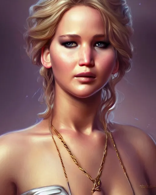 Image similar to Jennifer Lawrence, closeup, D&D, fantasy, intricate, elegant, highly detailed, digital painting, artstation, concept art, matte, sharp focus, illustration, hearthstone, art by Artgerm and Greg Rutkowski and Alphonse Mucha