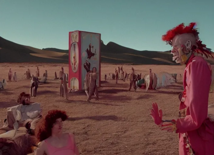 Image similar to still from a feature film by matthew barney, alejandro jodorowsky and wes anderson : : retro futurism, pagan occultism, sideshow circus : : anamorphic lens, kodakchrome : : 8 k