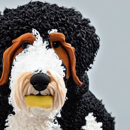 Prompt: a closeup photorealistic photograph of a cute smiling knitted bernedoodle judge dog dressed in a black gown, presiding over the courthouse. indoors, professional capture, well lit shot. this 4 k hd image is trending on artstation, featured on behance, well - rendered, extra crisp, features intricate detail, epic composition and the style of unreal engine.