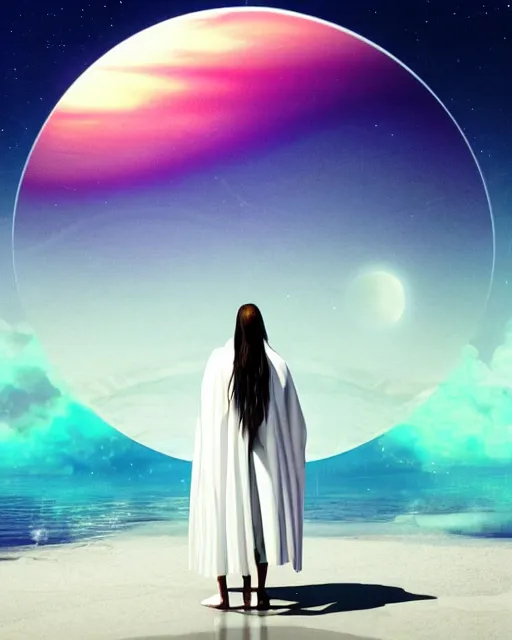 Image similar to a person wearing a white cloak that's blowing in the wind. they are standing in the water. a large planet with rings is visible in the sky. an album cover by stanley twardowicz, trending on cg society, retrofuturism, retrowave, chillwave, synthwave