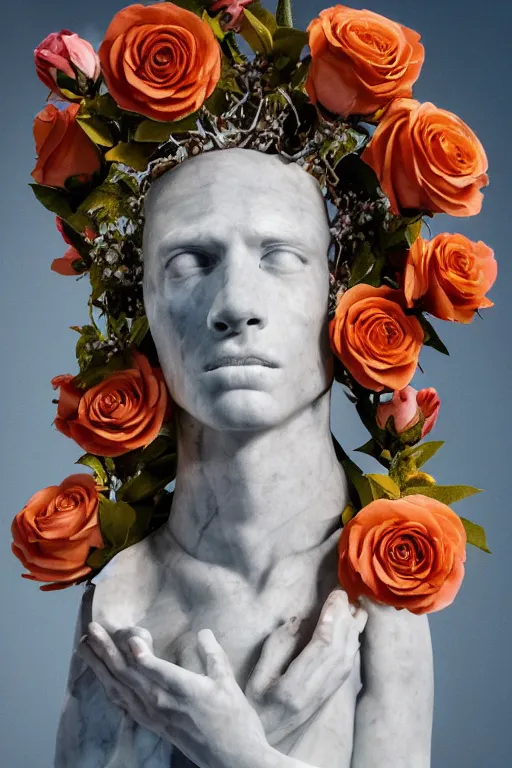 Image similar to beautiful marble bust of basquiat wearing a crown full of peach and white roses and hands reaching to the sky. rococo style decorations, background heavenly sky, marble columns, Trending on artstation. halo. octane render, cinematic, hyper realism, octane render, 8k, depth of field, 3D