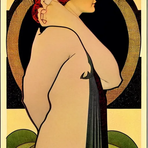 Image similar to Art in the style of Coles Phillips, Gaia, Full figured Mother Earth, portrait, Mucha, Georgia O'Keeffe