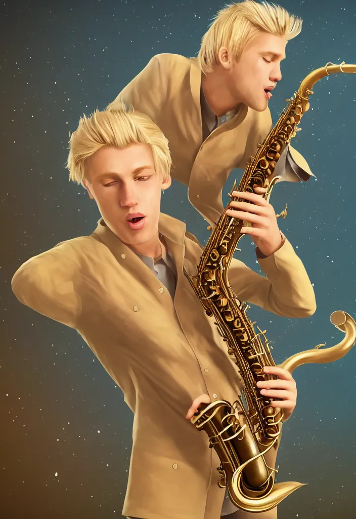 Image similar to a highly detailed illustration of a blond man with nice cloths playing the sax, on a nice calm serene environment, nature fractal on the background artstation, DeviantArt, professional, octane render, vector art