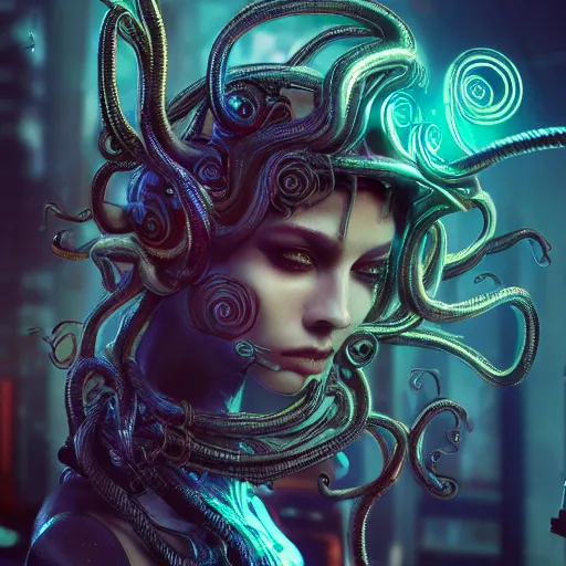 Image similar to Cyberpunk medusa, intricate, ornate, photorealistic, ultra detailed, octane render, high definition, depth of field, bokeh, 8k, artstation