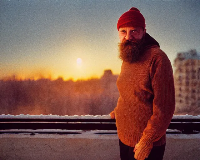 Image similar to lomographic film still photo of 4 0 years russian man with beard and sweater standing on small hrushevka 9 th floor balcony full with cigarette smoke in winter taiga looking at sunset, cinestill, bokeh