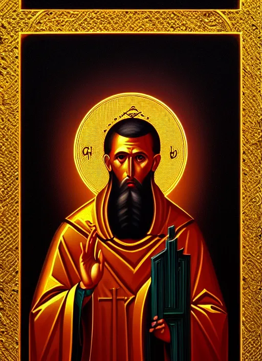 Image similar to hyper detailed ultra sharp orthodox unholy saint icon, backlit golden halo, somber man, trending on artstation, byzantine aesthetic, doom, religious, decadent, ornate, intricate, digital painting, concept art, smooth, sharp focus, illustration, art by artgerm and greg rutkowski and alexey egorov, 8 k