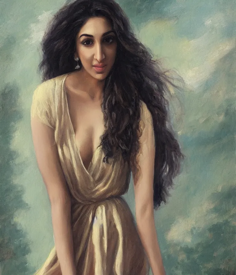 Image similar to Kiara Advani in V-neck dress. history painting, dusk, flowy dress Kiara Advani, artstation, oil on canvas, by Albert Aublet, Private Collection