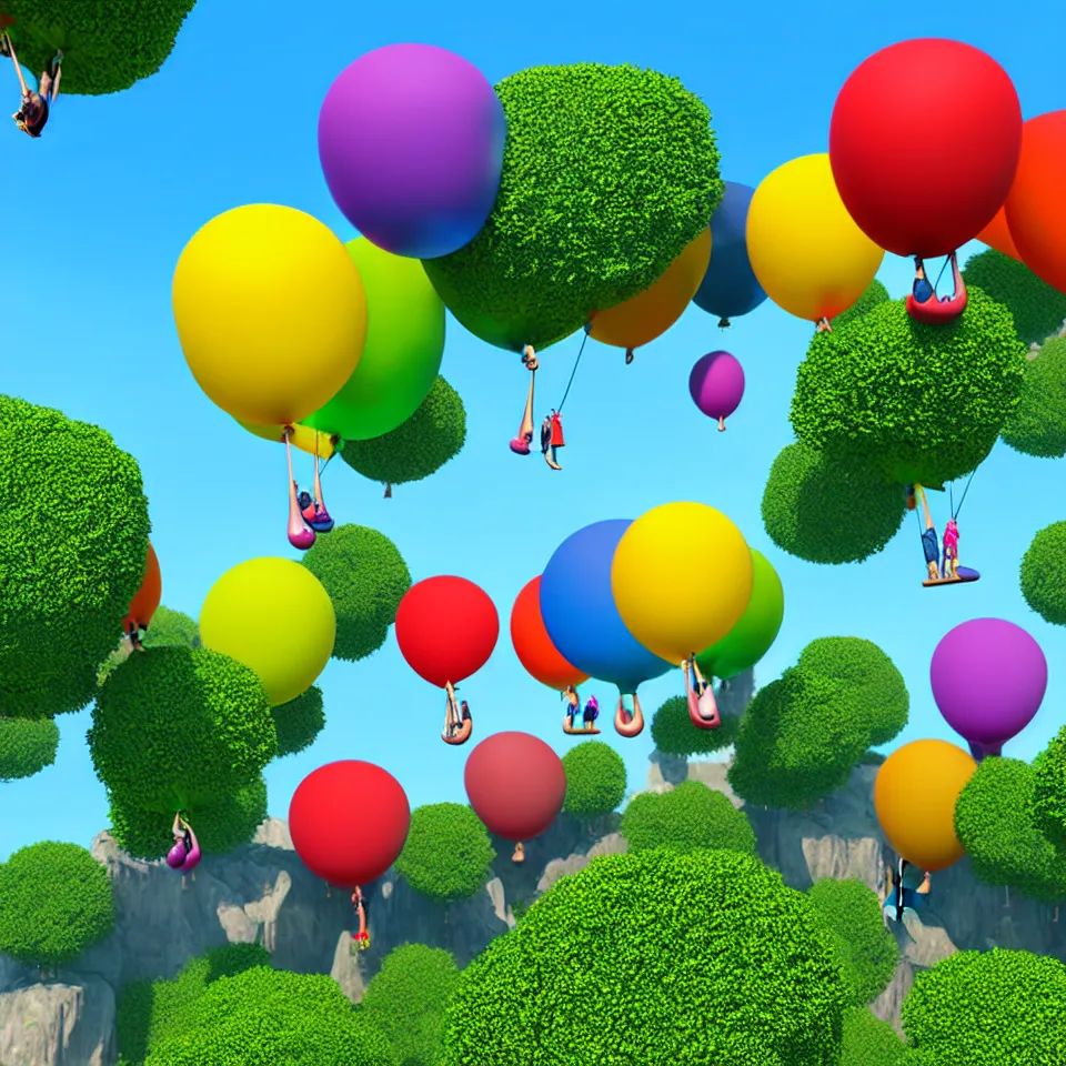 Prompt: large colorful balloons with people on rope swings underneath, flying high over the landscape, realistic, detailed, digital art, unreal engine