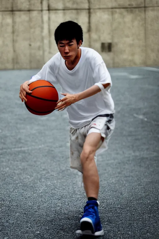 Prompt: Photo of a young pregnant Japanese man playing basketball