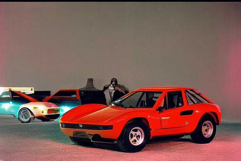 Image similar to designed by giorgetto giugiaro stylized poser of a single 1 9 8 0 rally prepped fj 4 0 testarossa, thick neon lights, ektachrome photograph, volumetric lighting, f 8 aperture, cinematic eastman 5 3 8 4 film