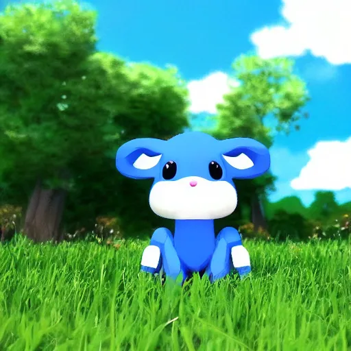 Image similar to a small blue animal sitting on top of a lush green field, a screenshot by ken sugimori, tumblr, toyism, ps 1 graphics, physically based rendering