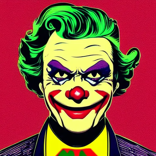 Prompt: individual joker portrait fallout 7 6 retro futurist illustration art by butcher billy, sticker, colorful, illustration, highly detailed, simple, smooth and clean vector curves, no jagged lines, vector art, smooth andy warhol style