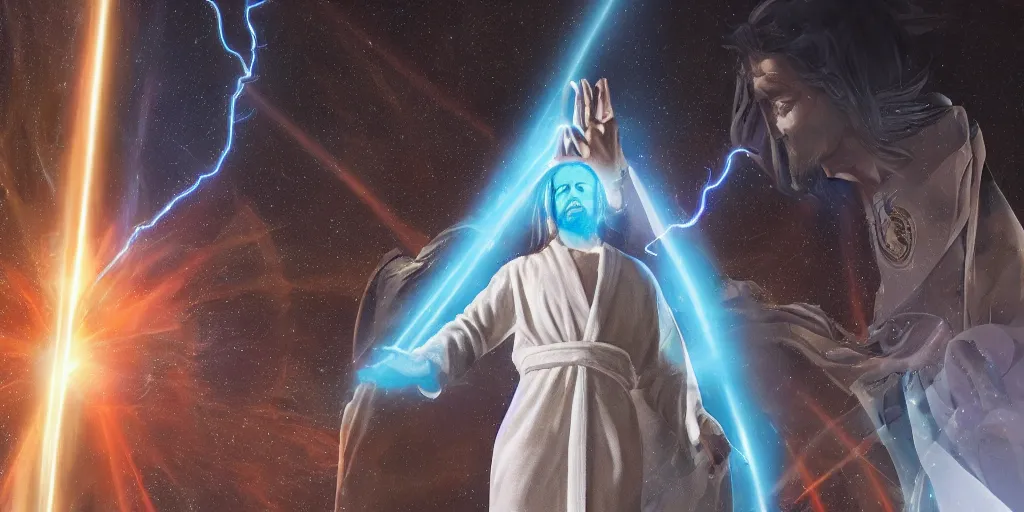 Prompt: Jesus in a robe fighting Dr Manhattan, both as giants in a city, lasers, cinematography, high contrast, hyper realistic, lens flares, concept art, 4k, beautiful