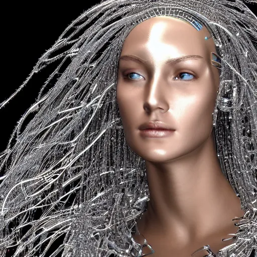 Prompt: highly detailed 3 d render of a full shot view, looking forward of a female cyborg head and face made from extreme numbers of wires and beads, silver, gold, with ornate hair made of the same sticking up, by russian artist igor goryunov, 8 k resolution, photo realistic symmetrical