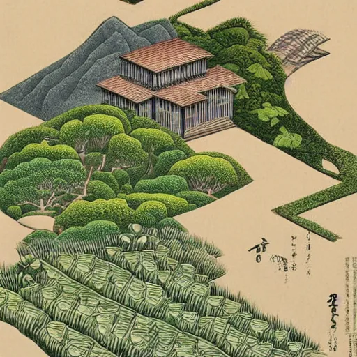 Prompt: 3d isometric botanical illustration of a rural town besides the rio bravo, diego rivera in Ukiyo-e style, HD