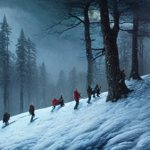 Image similar to a beautiful painting of group of climbers, extreme cold, storm, octane rendering, volumetric lightning, hyperrealism, no blur, 4 k resolution, ultra detailed, style of john atkinson grimshaw, ivan shishkin, tyler edlin, anato finnstark, edward robert hughes