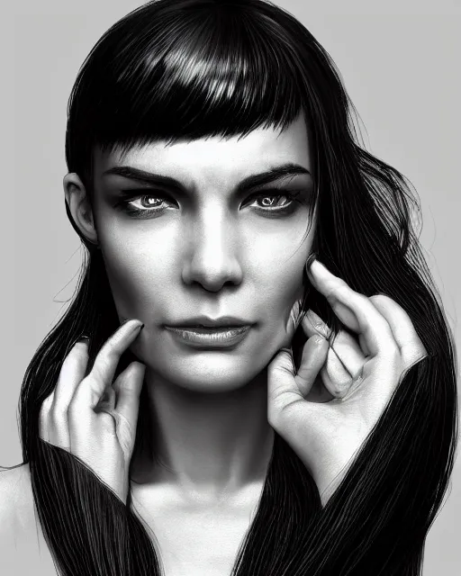 Image similar to portrait of a tall 4 0 - year - old woman with thin lips, heavy - lidded eyes, a strong jaw and long, thick shining black hair, thick eyebrows and long eyelashes, wearing in black clothes, hyper realistic face, beautiful eyes, character art, art by mark brooks, hyperdetailed, cryengine, trending on artstation, digital art