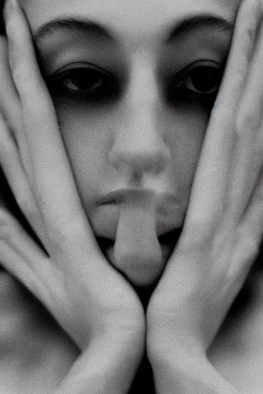 Image similar to extreme close-up black and white portrait, fashion model face, Peter Lindbergh, 35mm, film photo, small aperture
