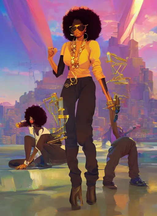 Prompt: afro - futurist gangstas, weapons and gold chains, jacking the metaverse | hyperrealistic oil painting | by makoto shinkai, ilya kuvshinov, lois van baarle, rossdraws | afrofuturism, in the style of hearthstone, trending on artstation | dark color scheme