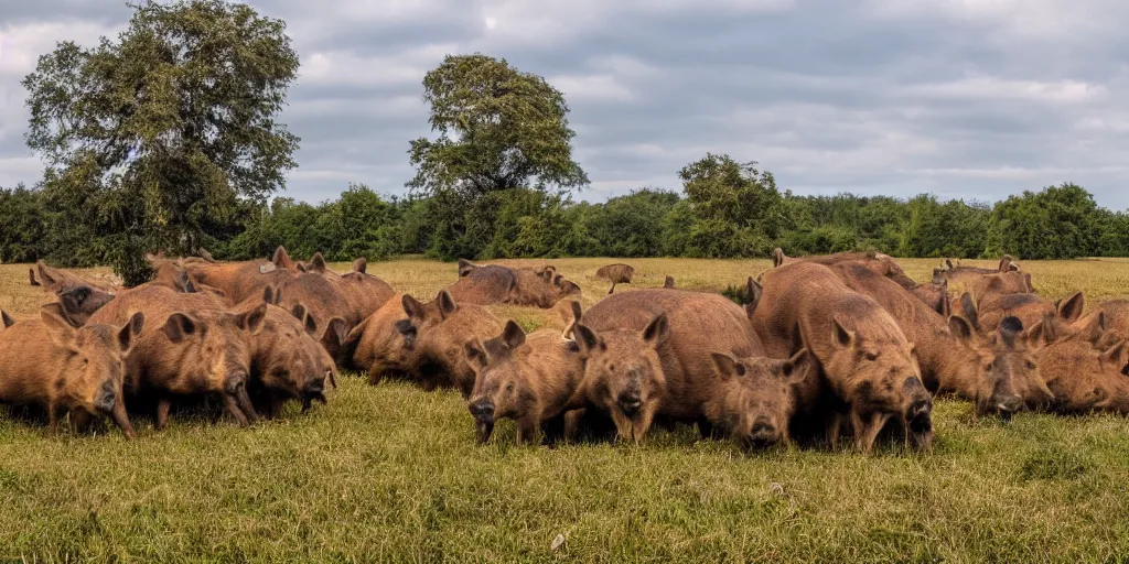 Prompt: a trap camera photo of a big group of wild boars in a field, real, photography