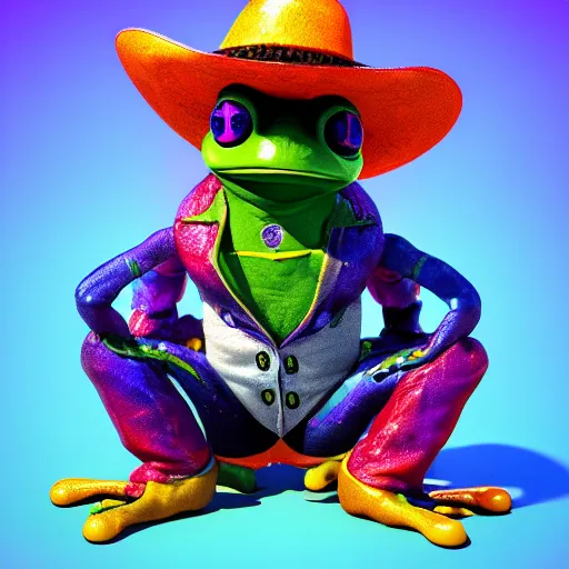 Image similar to cowboy frog, lisa frank, octane render