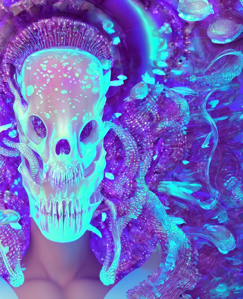 Prompt: goddess princess face close-up portrait glass ram skull abstract 3d composition. jellyfish phoenix head, nautilus, orchid, skull, betta fish, bioluminiscent creatures, intricate artwork by Tooth Wu and wlop and beeple. octane render, trending on artstation, greg rutkowski very coherent symmetrical artwork. cinematic, hyper realism, high detail, octane render, 8k