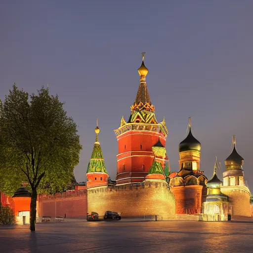 Prompt: chinese - style kremlin and chinese st. basil's cathedral on wide stone square at dawn, portrait of mao on the kremlin, gentle dawn, ultrarealistic, hd, octane rendering, by ivan shishkin and andrei tarkovsky