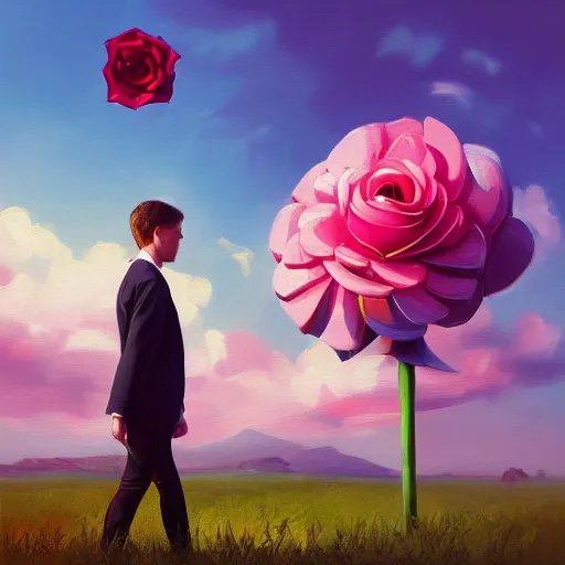 Image similar to portrait, giant rose flower head, girl walking in a suit, surreal photography, sunrise, blue sky, dramatic light, impressionist painting, digital painting, artstation, simon stalenhag