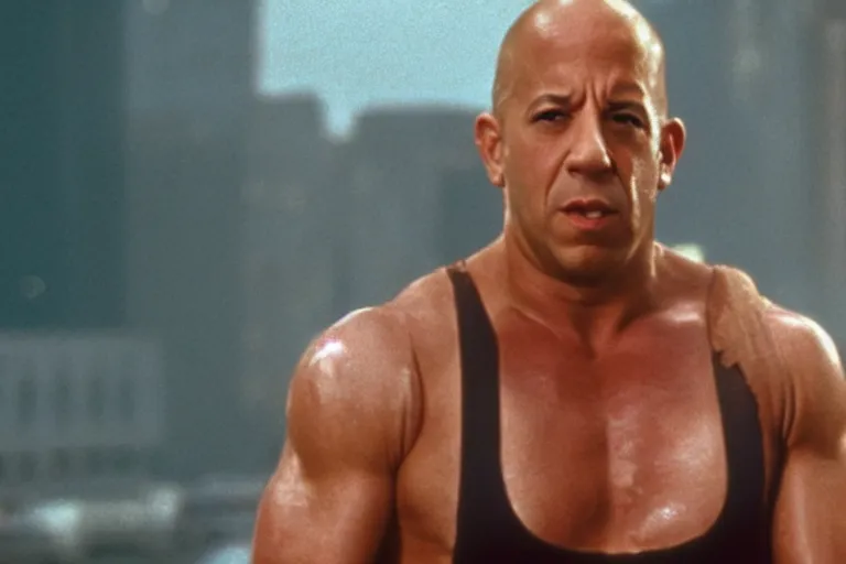 Image similar to film still of Vin Diesel as John McClane in Die Hard 1988