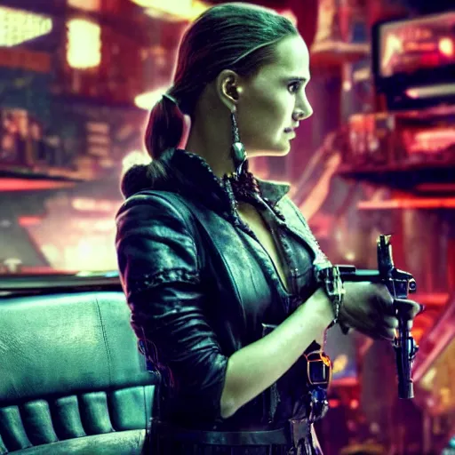 Prompt: a high quality portrait of natalie portman as a pirate in a cyberpunk cyberpunk cyberpunk cafe, realism, 8k, award winning photo