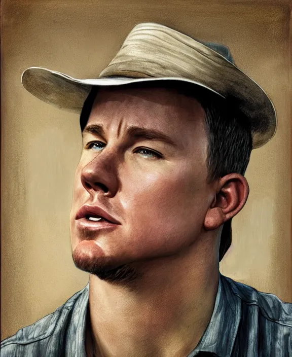 Prompt: portrait of channing tatum as an ohio farm boy, art by denys tsiperko and bogdan rezunenko and franz xaver kosler, hyperrealism