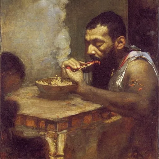 Prompt: Ferdinand Magellan eating cement, oil on canvas, by Juan Luna