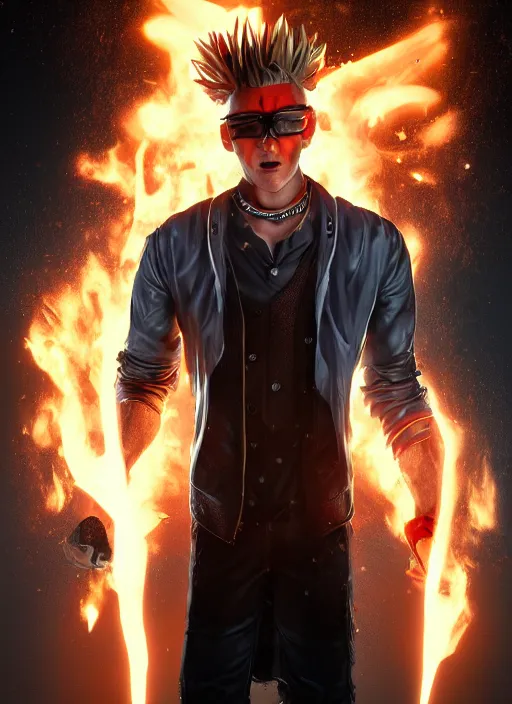 Prompt: An epic fantasy comic book style portrait painting of young man with long red spiked hair. Blasting fire on his hands. Wearing a black waistcoat, white shirt, using googles. Unreal 5, DAZ, hyperrealistic, octane render, cosplay, RPG portrait, dynamic lighting