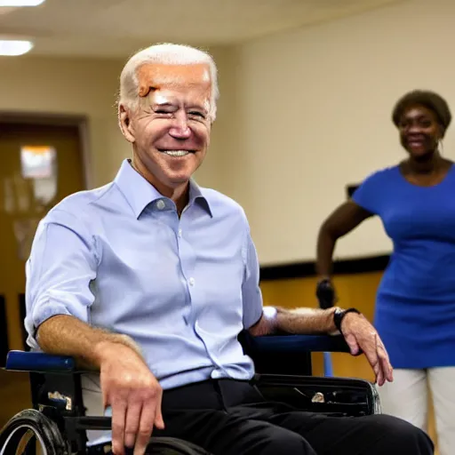 Prompt: photo of Joe Biden in a wheelchair at the senior center