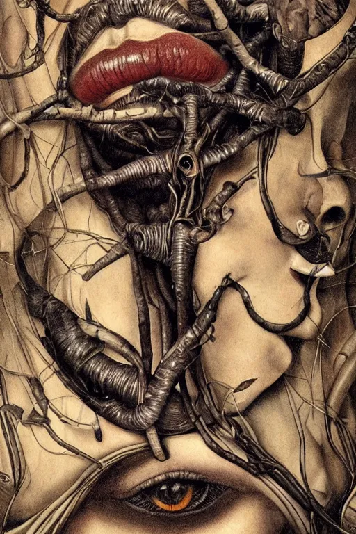 Image similar to Detailed maximalist portrait with large lips and eyes, expressive, botanical skeletal with extra flesh, HD mixed media, 3D collage, highly detailed and intricate, surreal illustration in the style of Caravaggio, dark art, baroque