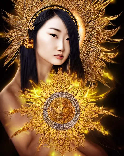 Image similar to hyper realistic portrait photo of beautiful ameterasu the sun goddess of japan, japanese model, portrait shot, intricate detail, glittering sun rays