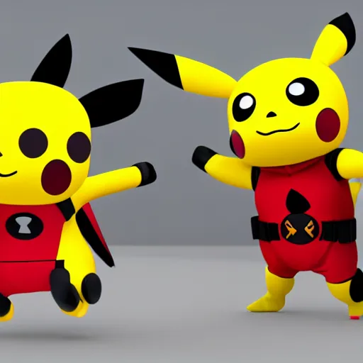 Image similar to deadpool fighting with pikachu! rendered by blender! in 3 d style of beeple