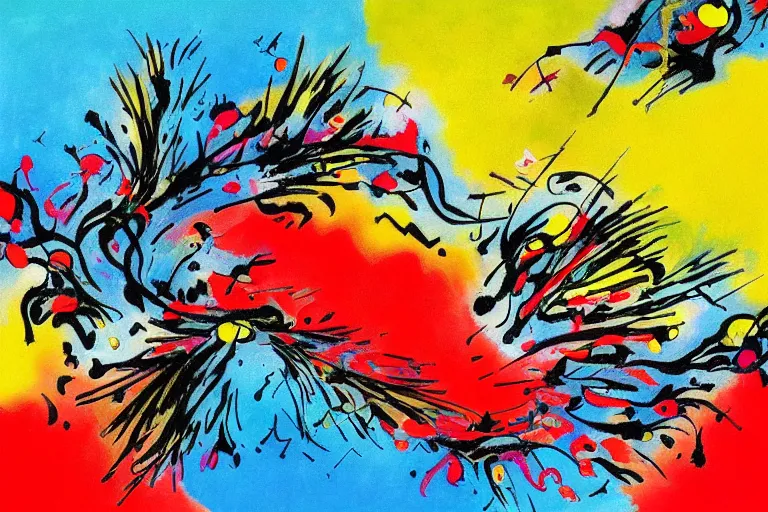 Prompt: abstract painting of energy of life in spring, by miro and kandinsky, flowers, acrylics, ink, blue and green and red tones, white background, dynamic yellow splashes, some pouring techniques, black ink dynamic curves and dots, chaotic patterns, more textures, more relief effects, artstation, deviantart, pinterest