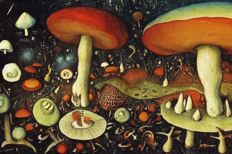 Image similar to how magic mushrooms can take us to the farthest reaches of inner space, painting by bosch